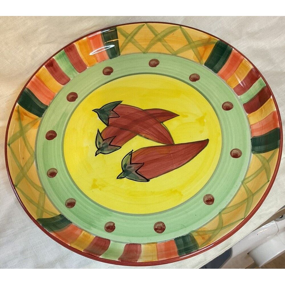 Festive Colorful Round Ceramic Serving Platter & Bowl‎ Chips Salsa Peppers